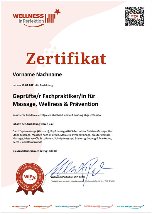 Gedrucktes WIP-Abschlusszertifikat der Online-Massage-Ausbildung
