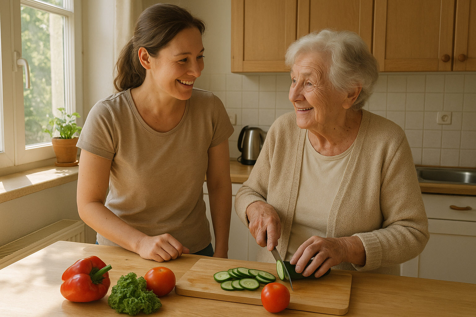 Alltagsbegleiterin unterstützt eine ältere Dame beim Zubereiten einer Mahlzeit in der Küche