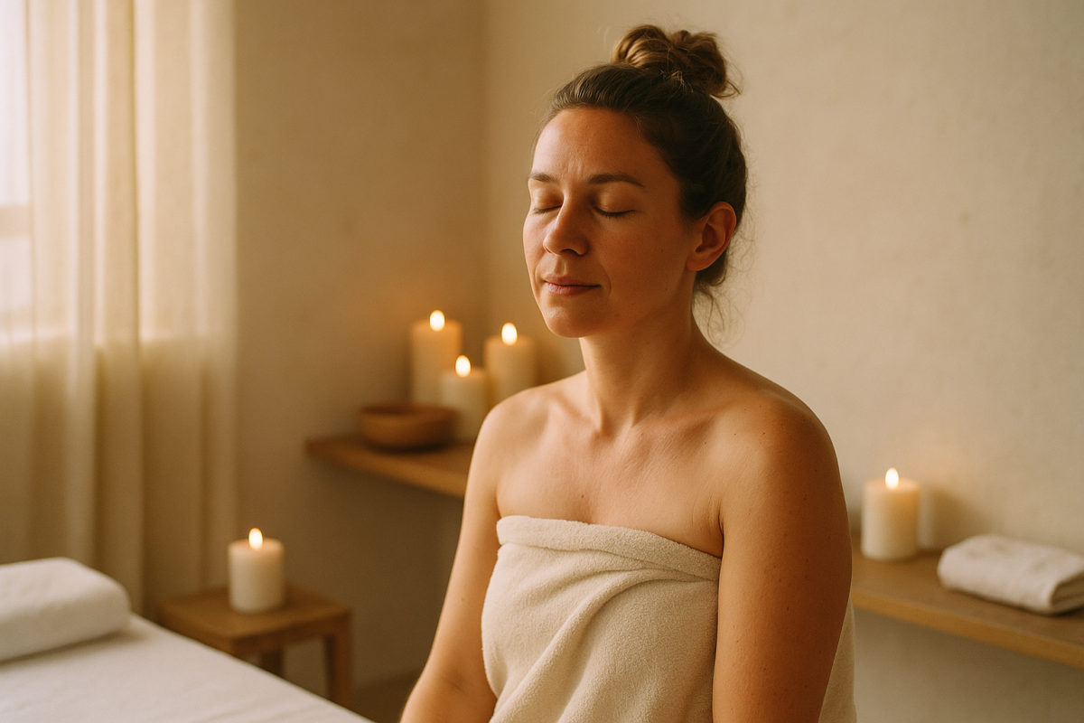 Warmes Öl wird bei einer ayurvedischen Ganzkörpermassage sanft auf die Schulter aufgetragen.