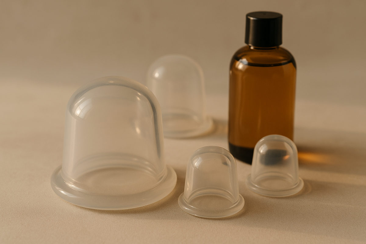 Schröpfgläser und eine Flasche Massageöl auf neutraler Oberfläche im Produktstil