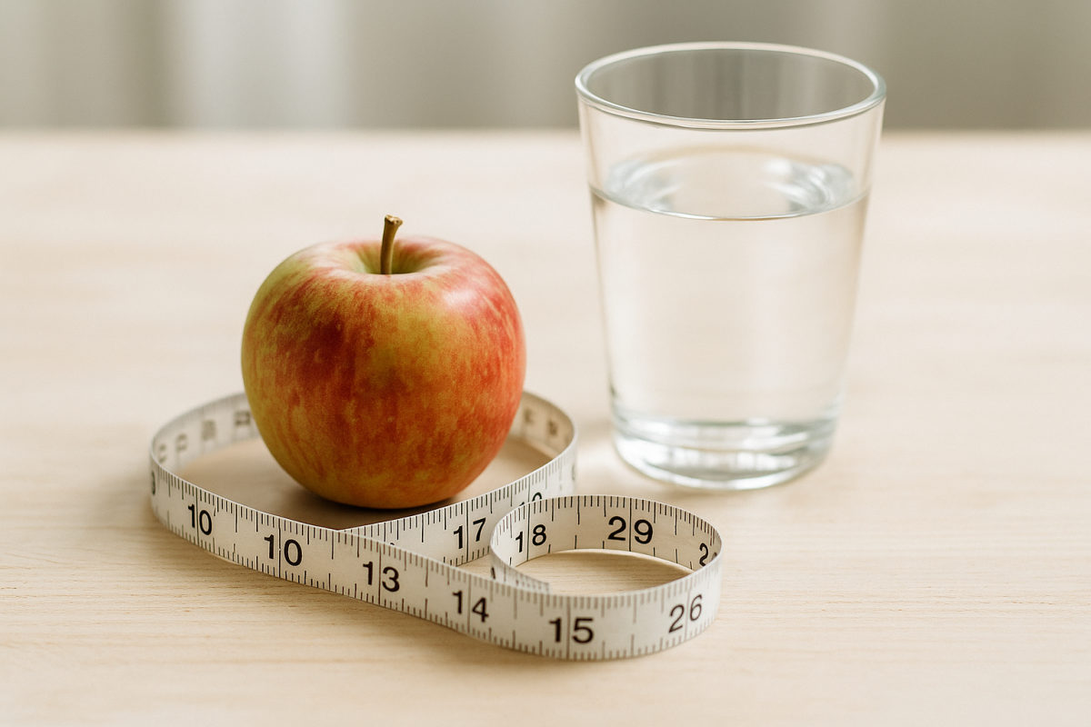 Maßband, Apfel und Glas Wasser auf hellem Tisch als Symbol für gesunde Ernährung