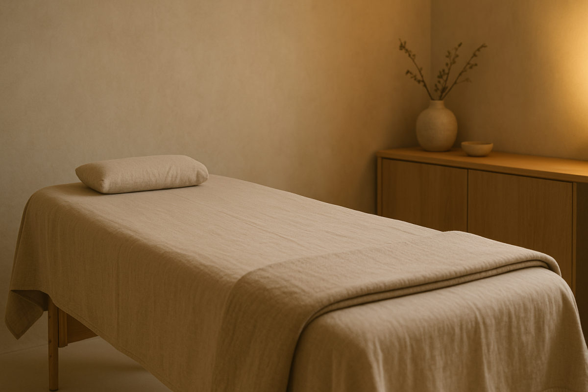 Behandlungsliege mit weichem Tuch, Kopfkissen und gefalteter Decke in ruhigem Wellness-Raum