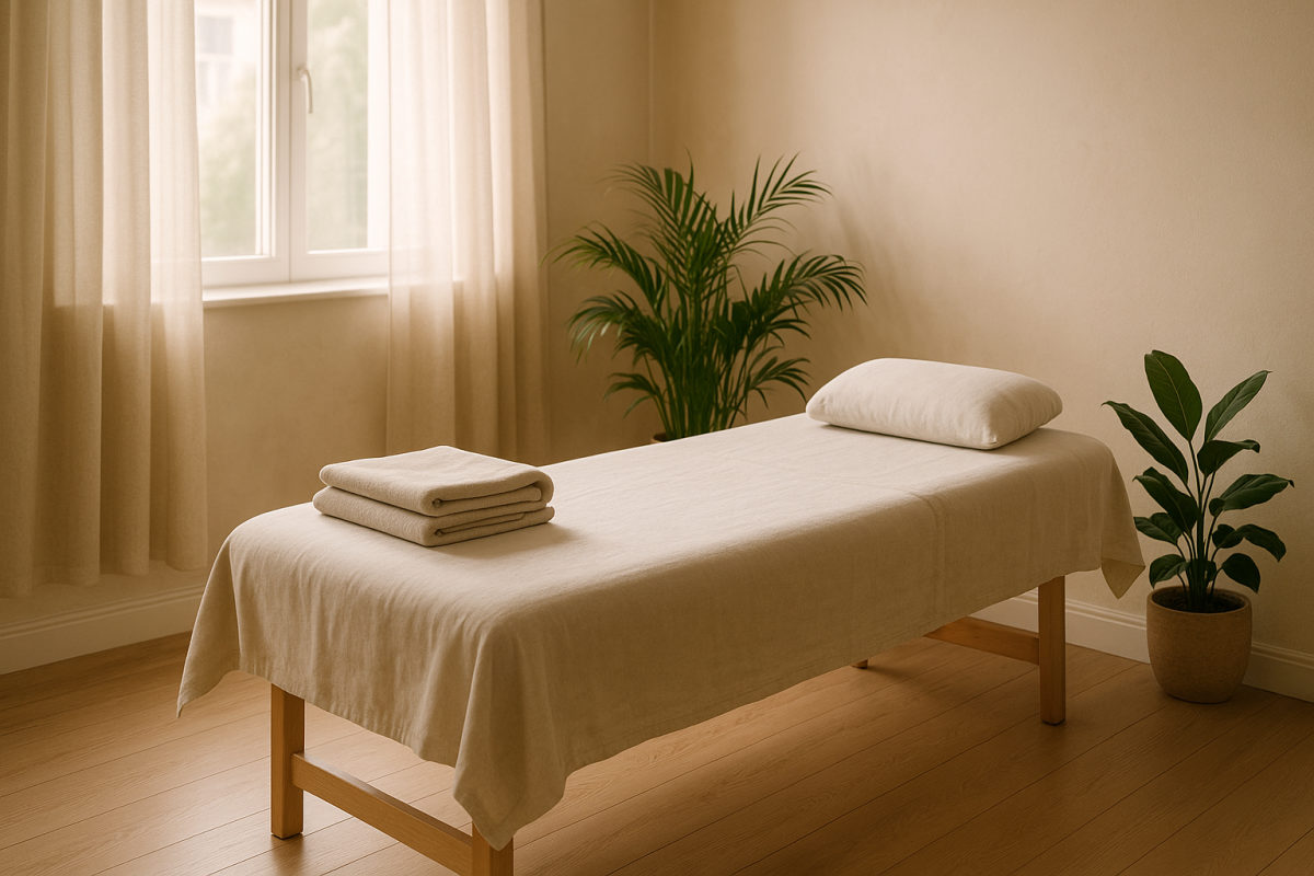 Ruhiger Wellness-Behandlungsraum mit Liege, weichem Tuch und Kopfkissen bei warmem Licht