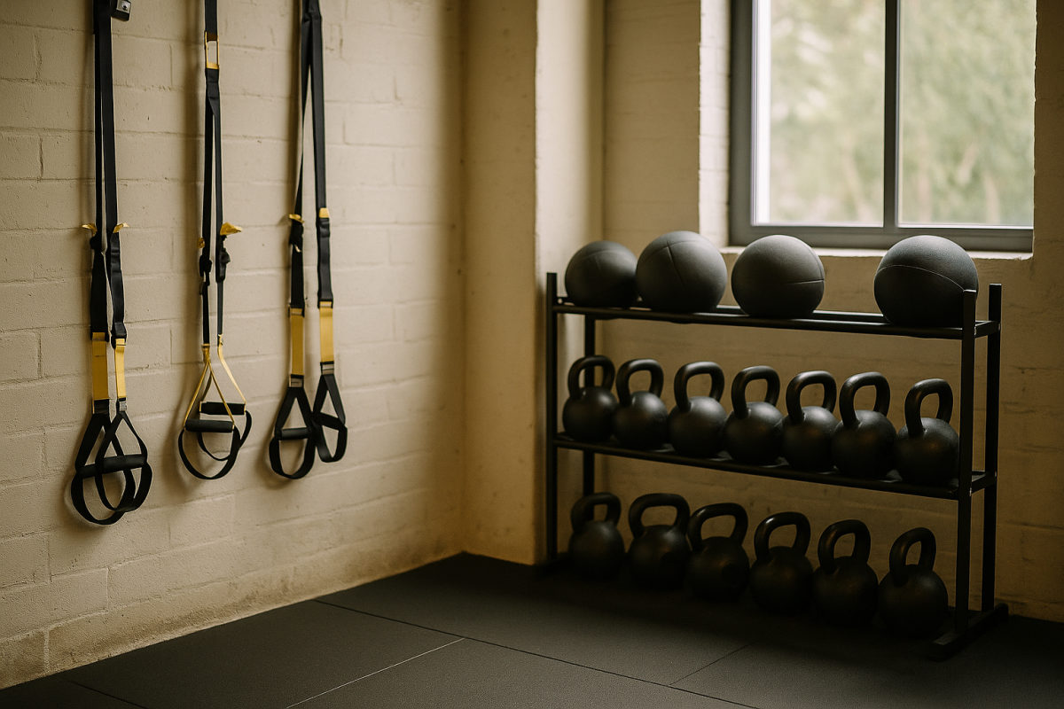 Helles Functional-Training-Studio mit Kettlebell-Rack, TRX-Schlingentrainern und Medizinbällen