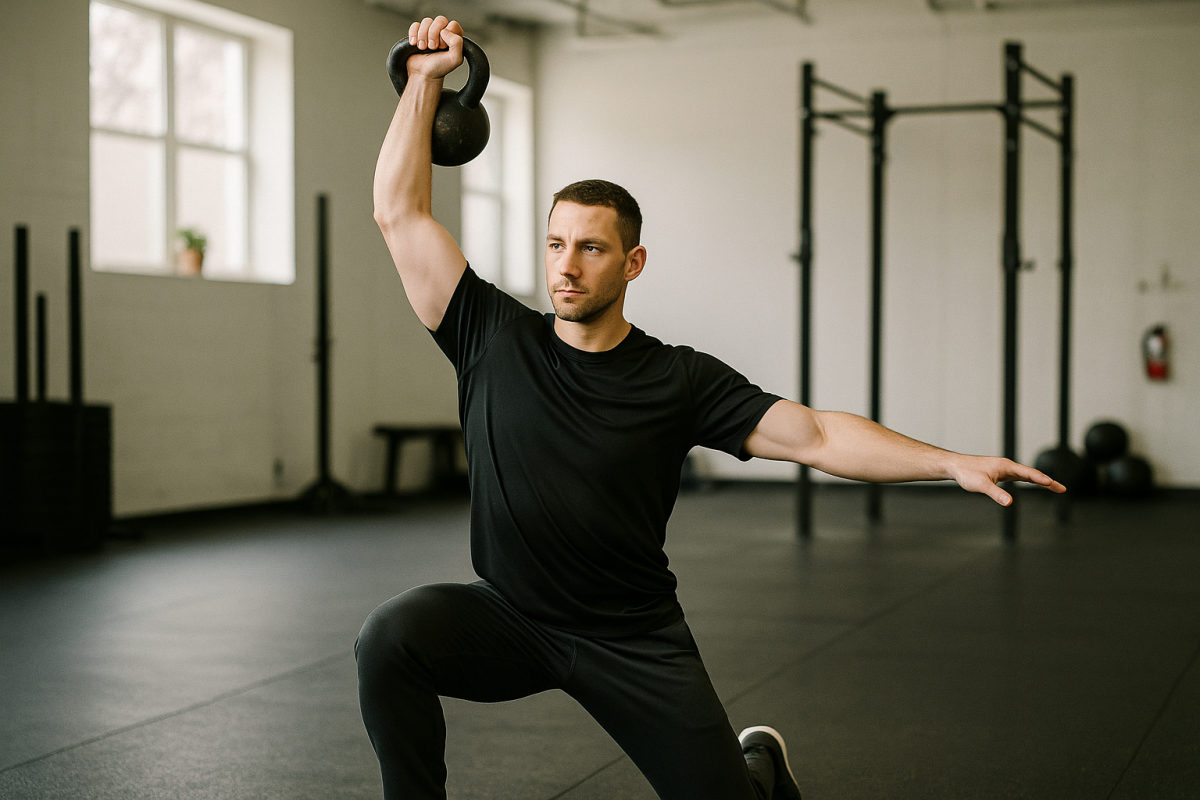Fitnesstrainer in Sportkleidung zeigt eine funktionelle Übung mit einer Kettlebell in einem hellen Studio