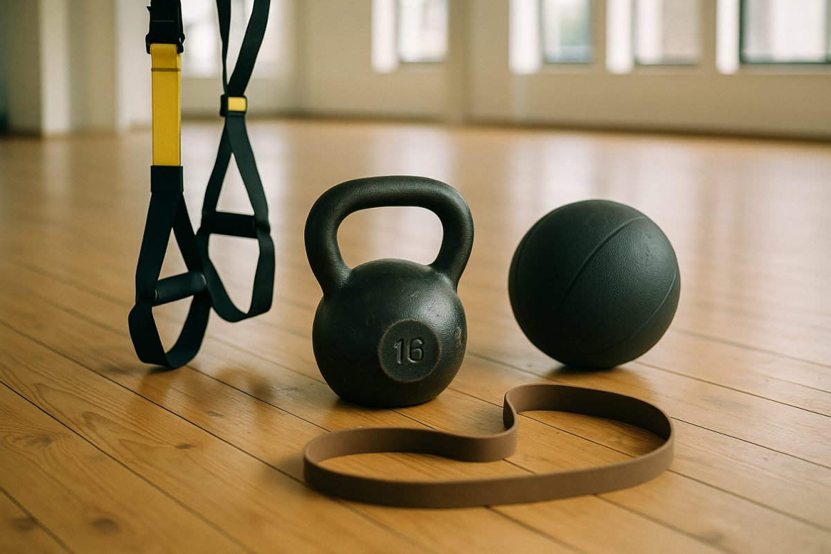Functional-Training-Geräte auf hellem Holzboden: Kettlebell, TRX-Schlingentrainer, Medizinball und Widerstandsband