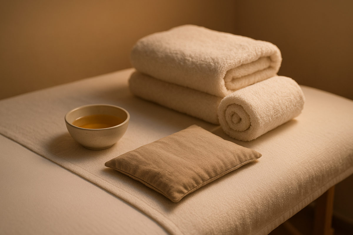 Massageliege mit gerollten Tüchern, Massageöl und einem warmen Kirschkernkissen