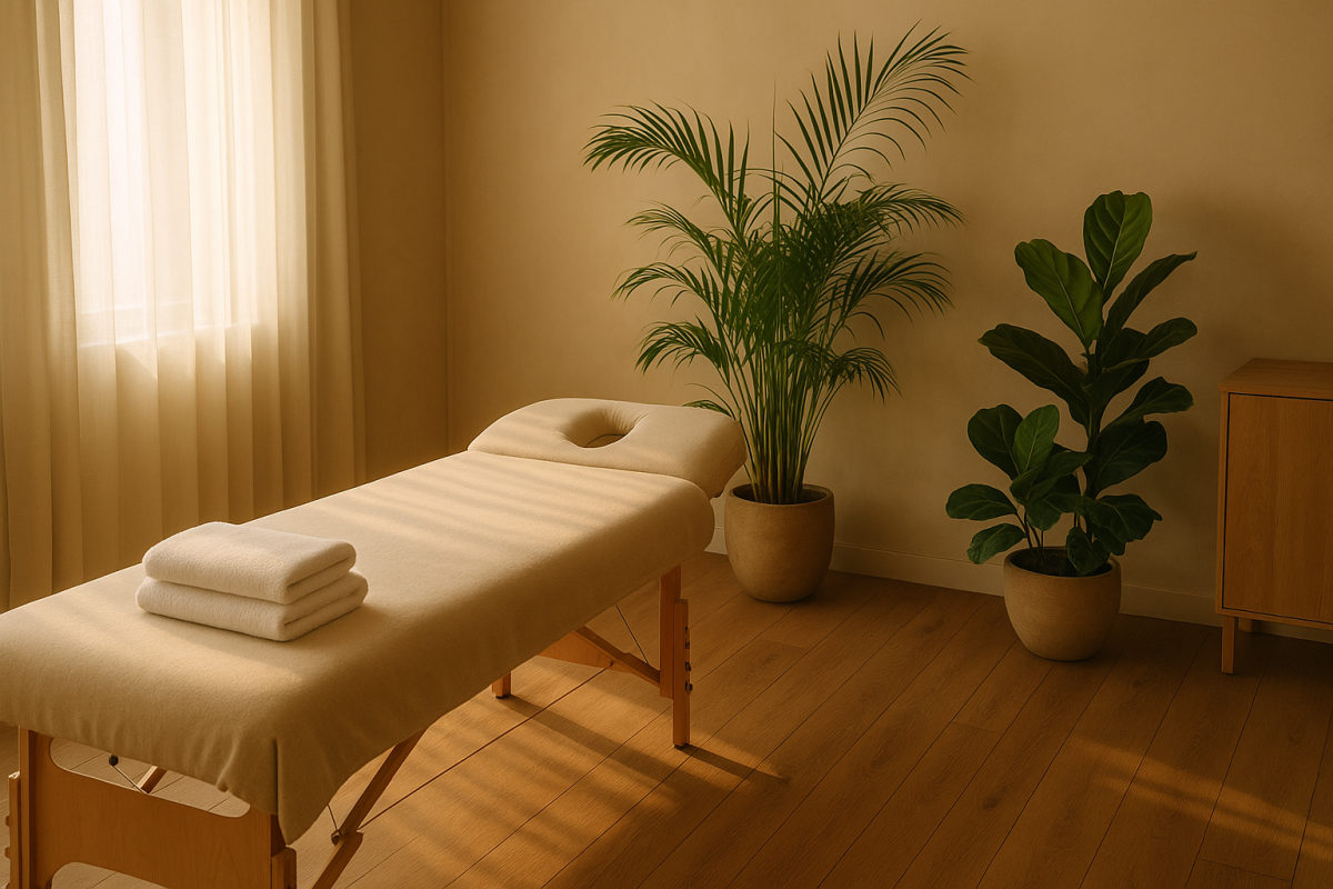 Ruhiger Wellness-Massageraum mit Liege, gefalteten Tüchern und warmem Licht