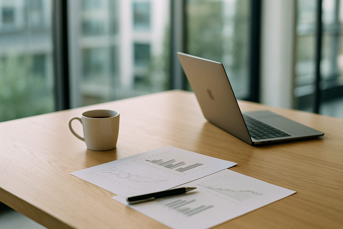 Aufgeräumter Schreibtisch mit Unterlagen, Stift, Laptop und Kaffeetasse in einem hellen, modernen Büro