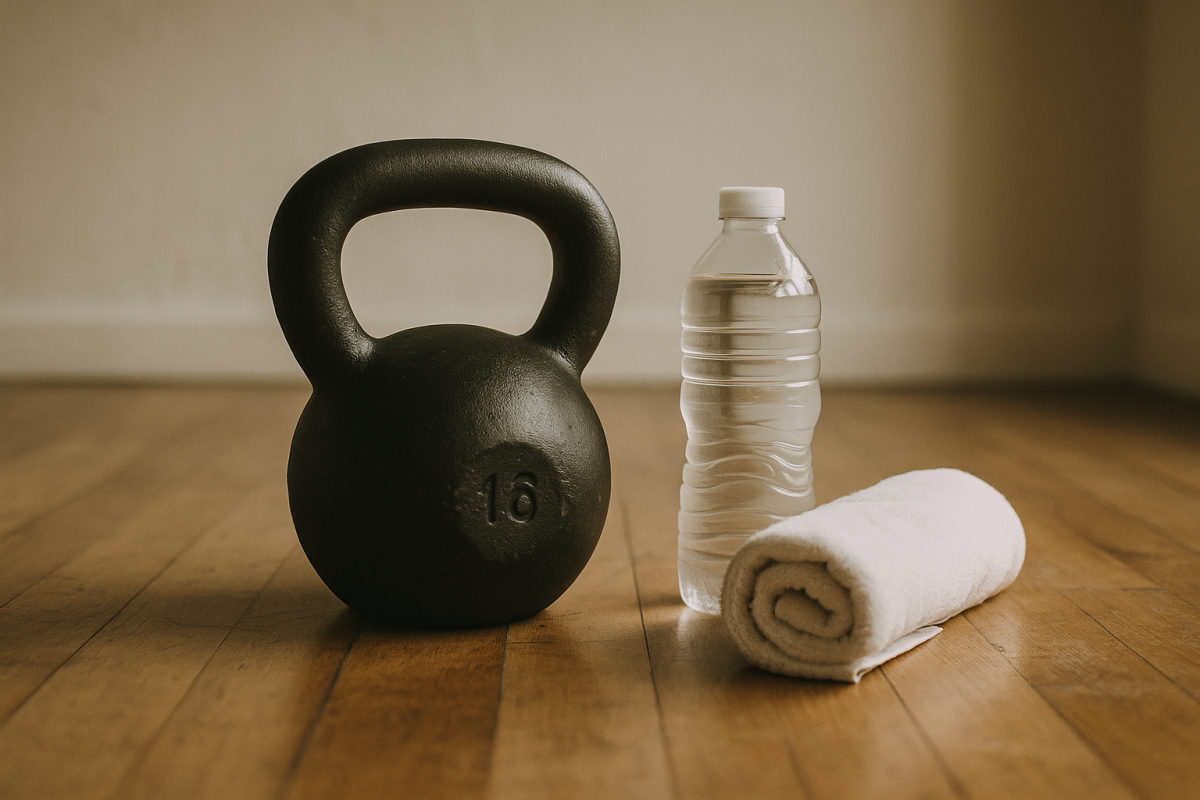 Einzelne Kettlebell auf einem Holzboden neben Handtuch und Wasserflasche