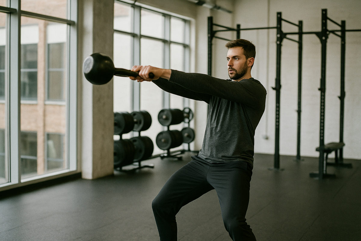 Sportlich gekleidete Person führt in einem hellen Studio einen Kettlebell Swing aus