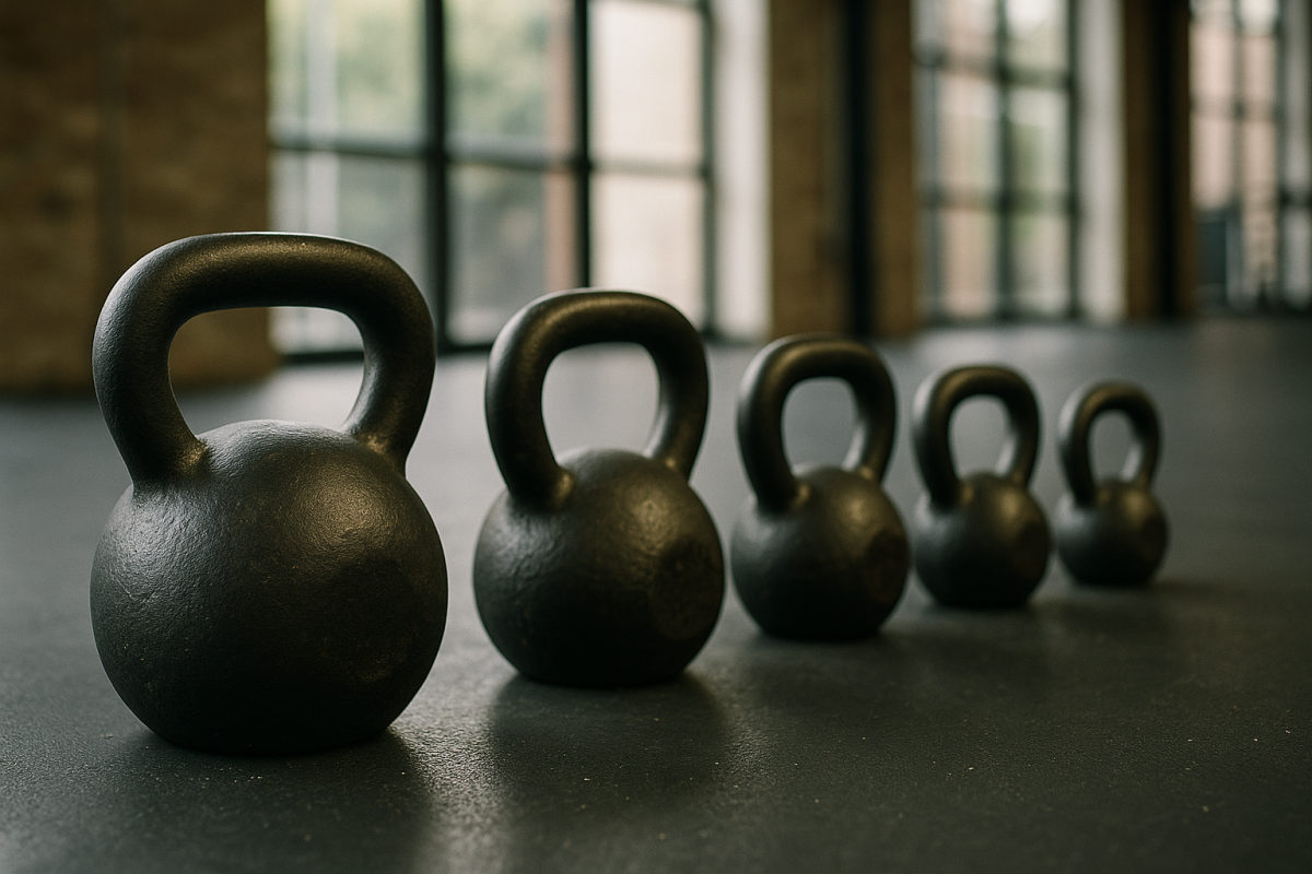Mehrere gusseiserne Kettlebells in verschiedenen Gewichten nebeneinander auf einem hellen Studioboden