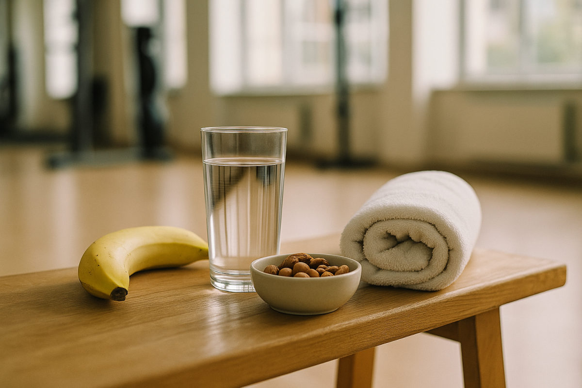 Glas Wasser, Banane und Nüsse auf einer Trainingsbank im hellen Fitnessstudio