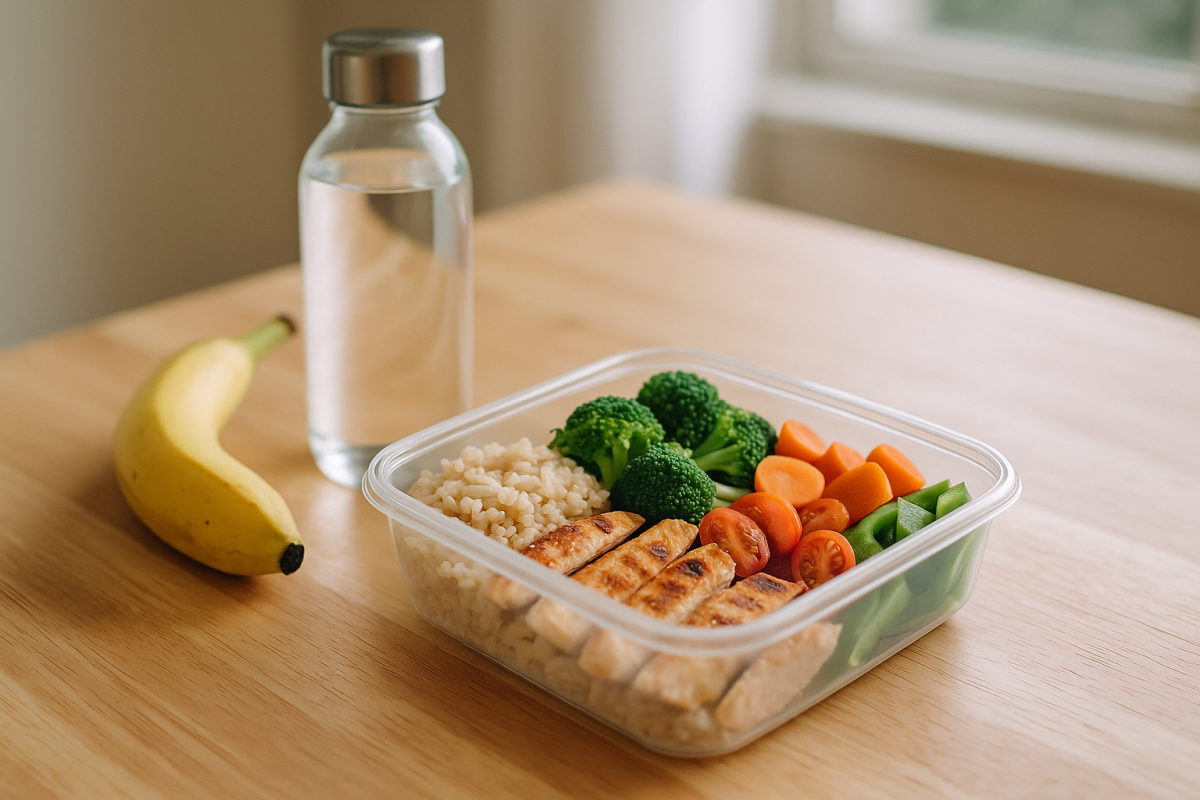 Ausgewogene Sportlermahlzeit mit Reis, Hähnchen, Gemüse, Wasserflasche und Banane auf einer Küchenarbeitsplatte