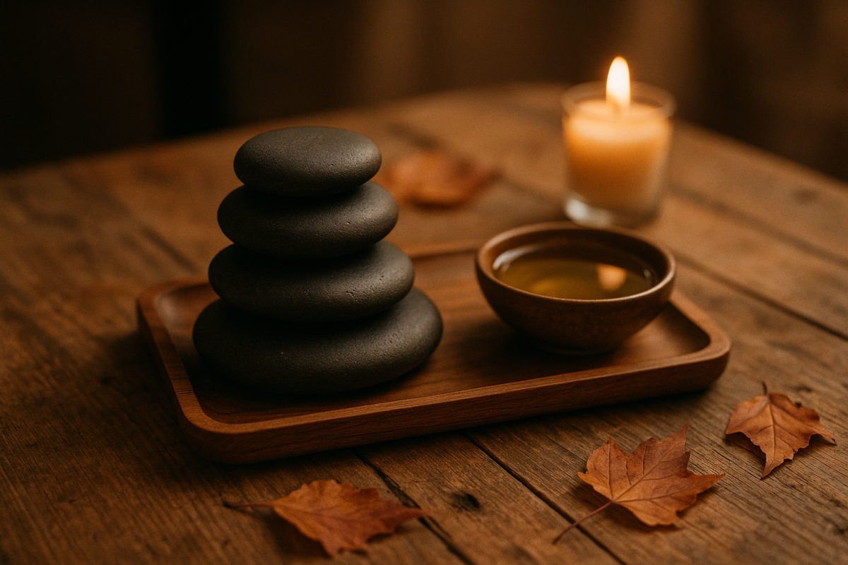 Warme Basalt-Steine und eine Schale Massageöl auf einem Holztablett in herbstlicher Stimmung
