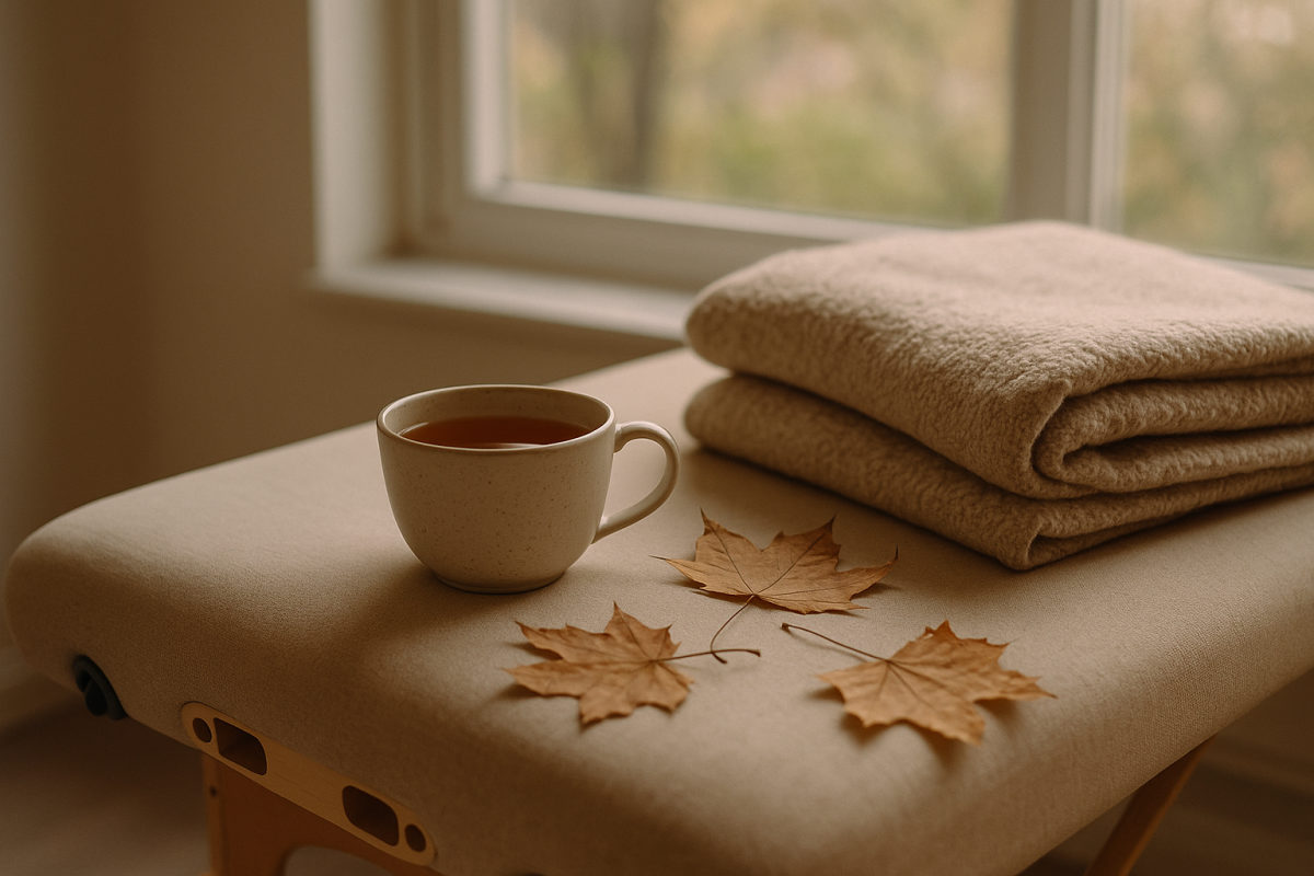 Tasse Kräutertee, Decke und Herbstlaub auf einer Massageliege am Fenster
