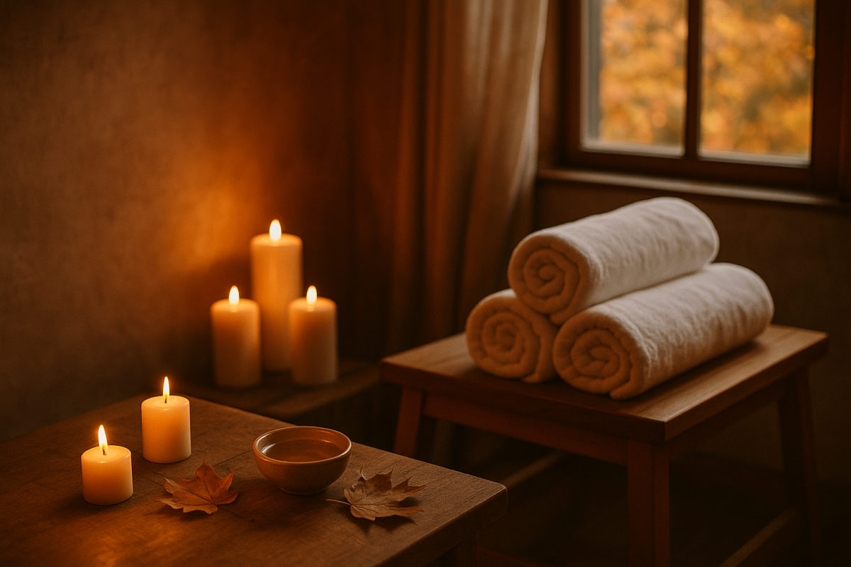 Gemütlicher Wellnessraum im Herbst mit Kerzenlicht, gerollten Handtüchern und Herbstlaub