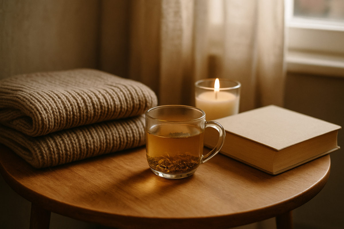 Gemütliche Entspannungsecke mit Kräutertee, Kerze, weicher Decke und Buch in warmem Licht