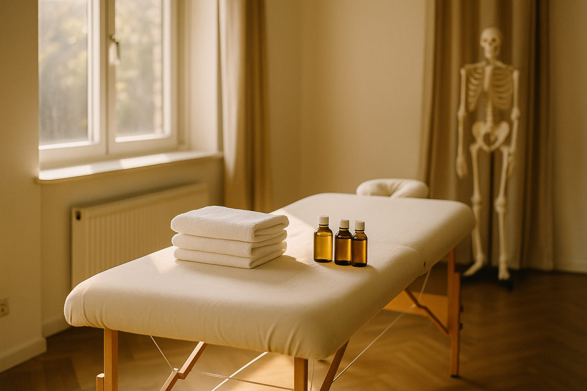 Vorbereiteter Massage-Schulungsraum mit Liege, Handtüchern und Massageöl für eine Präsenz-Ausbildung