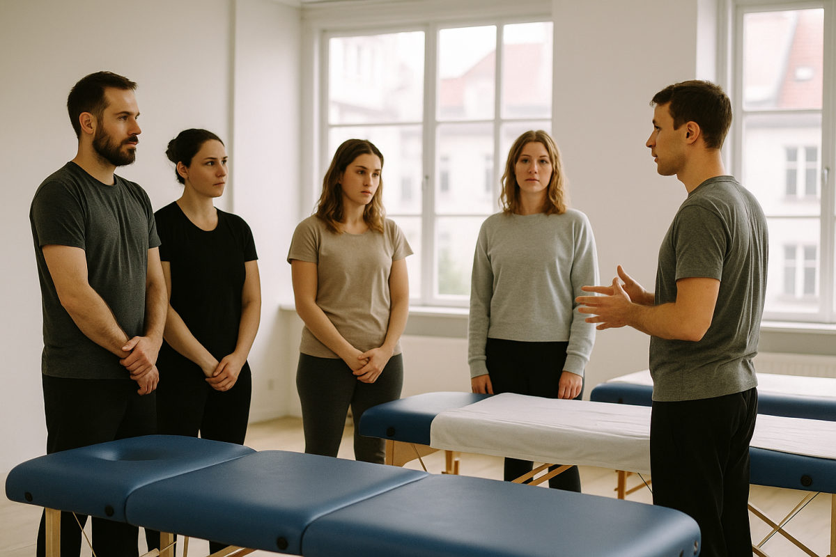 Kleine Gruppe vollständig bekleideter Kursteilnehmer in einem hellen Schulungsraum mit Massageliegen während eines Präsenz-Seminars