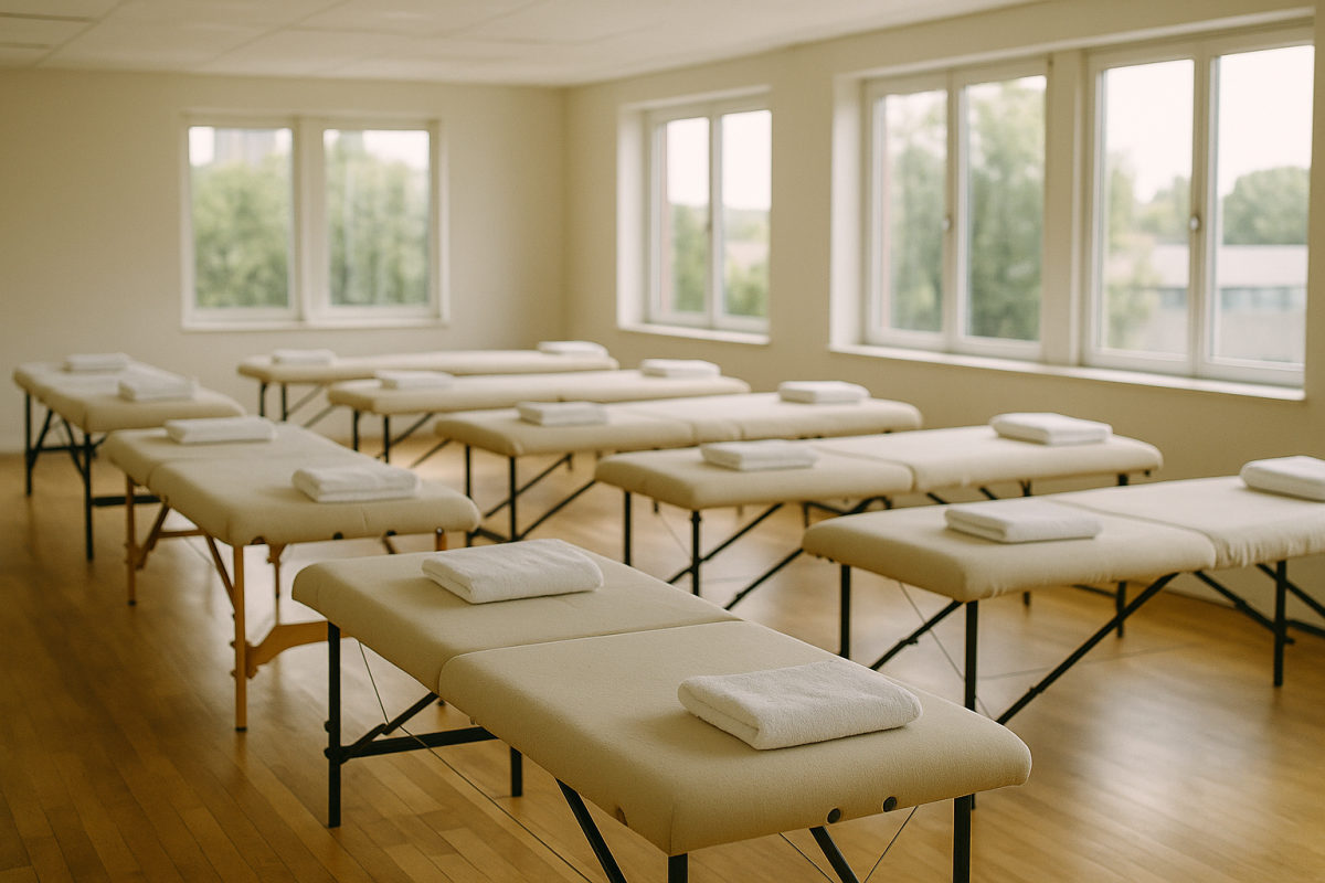 Heller, geräumiger Seminarraum mit mehreren Massageliegen und gefalteten Handtüchern als Lernumgebung für einen Massage-Kurs