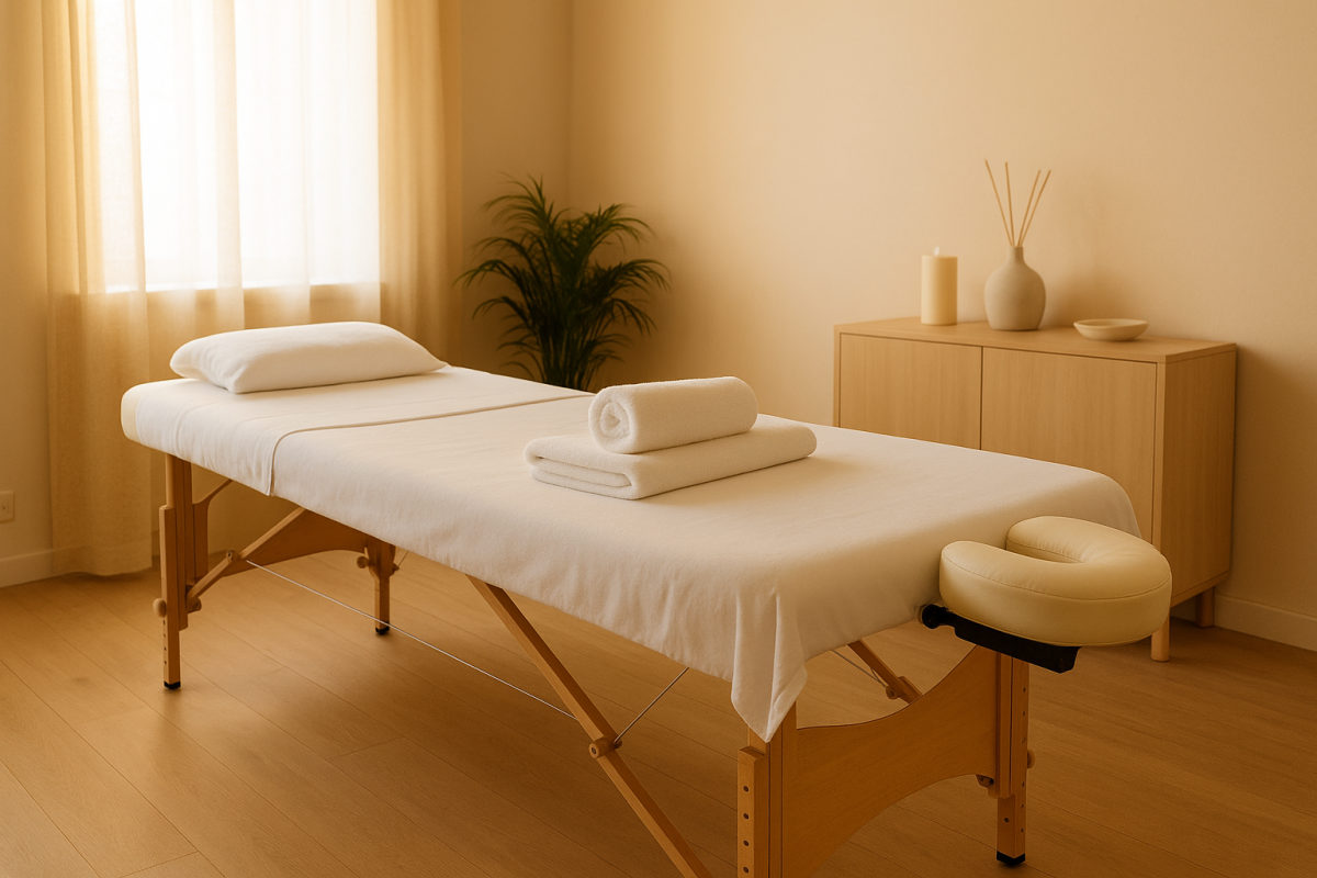 Professionelle Massageliege mit frischer Wäsche und Handtüchern in einem hellen, ruhigen Wellnessraum