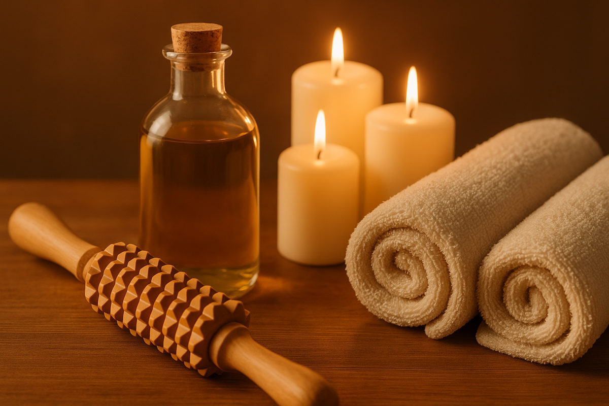 Massage-Zubehör in Nahaufnahme: Öl, gerollte Handtücher, Kerzen und eine Faszienrolle ordentlich arrangiert
