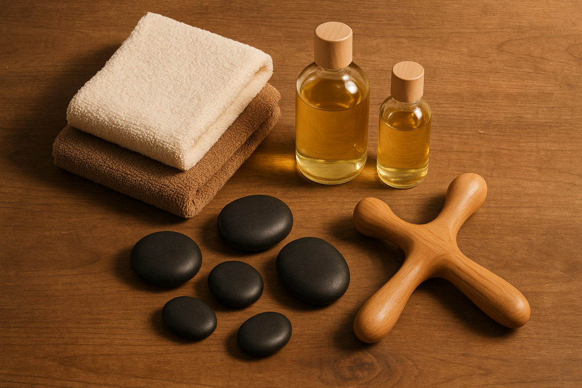 Massage-Zubehör als Flatlay auf Holz: Massageöl, gefaltete Handtücher, Massagesteine und ein Holz-Massagewerkzeug