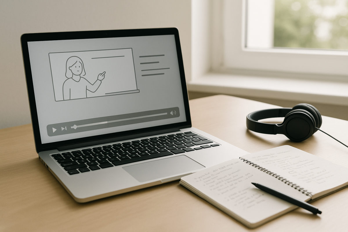 Laptop mit Lernvideo-Oberfläche, daneben Notizen und Kopfhörer auf dem Schreibtisch