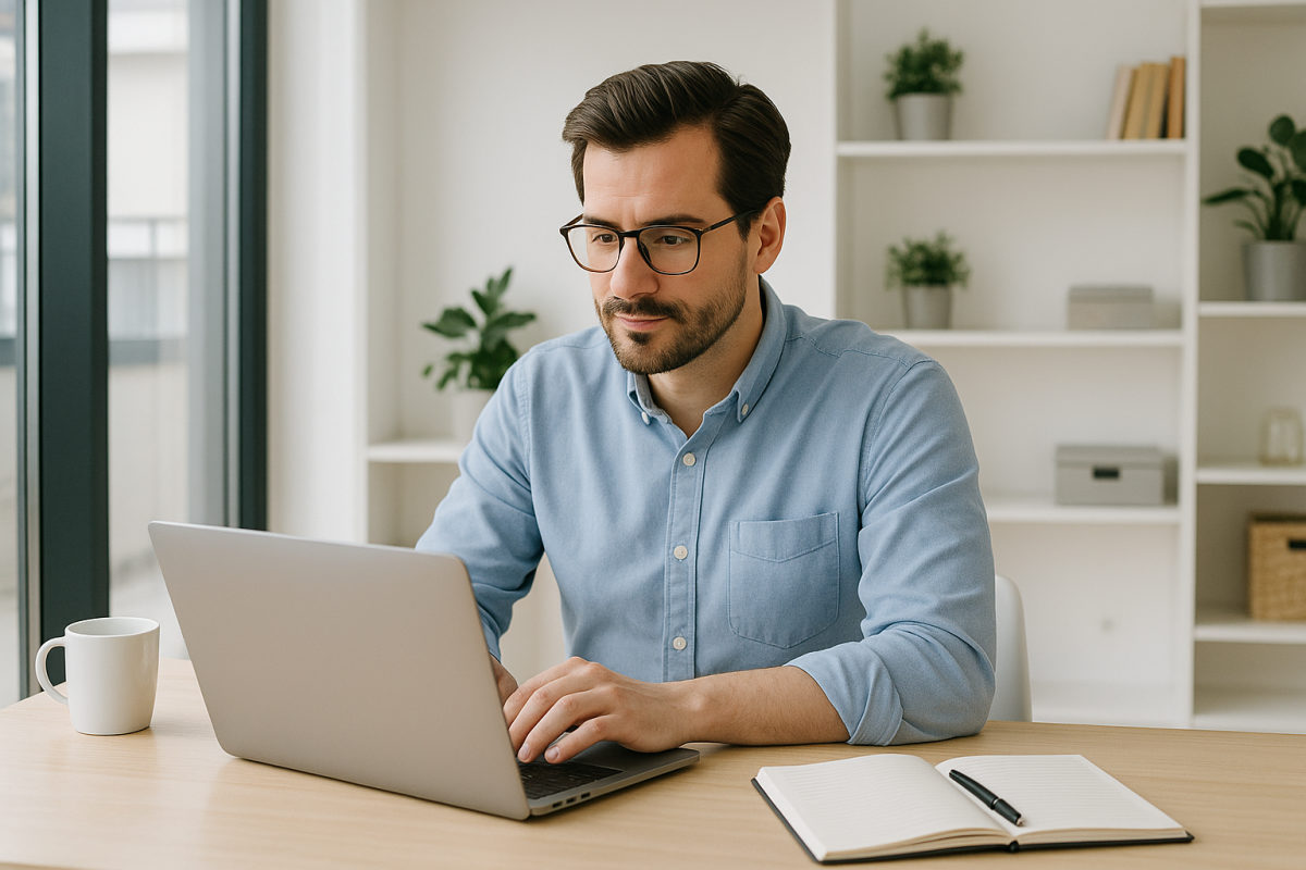 Voll bekleidete Person lernt am Schreibtisch konzentriert am Laptop in einem hellen Raum