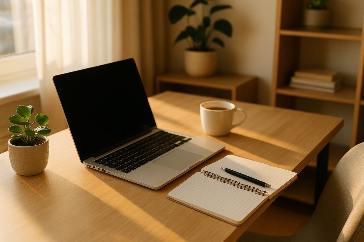 Heller Lernplatz zu Hause mit aufgeklapptem Laptop, Notizbuch und Kaffeetasse