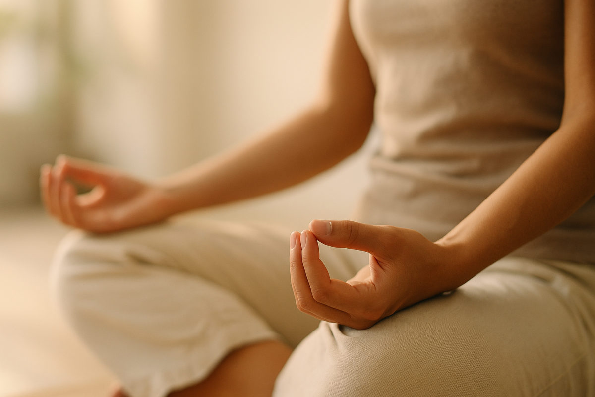 Entspannte Hände ruhen während einer sitzenden Meditation auf den Oberschenkeln