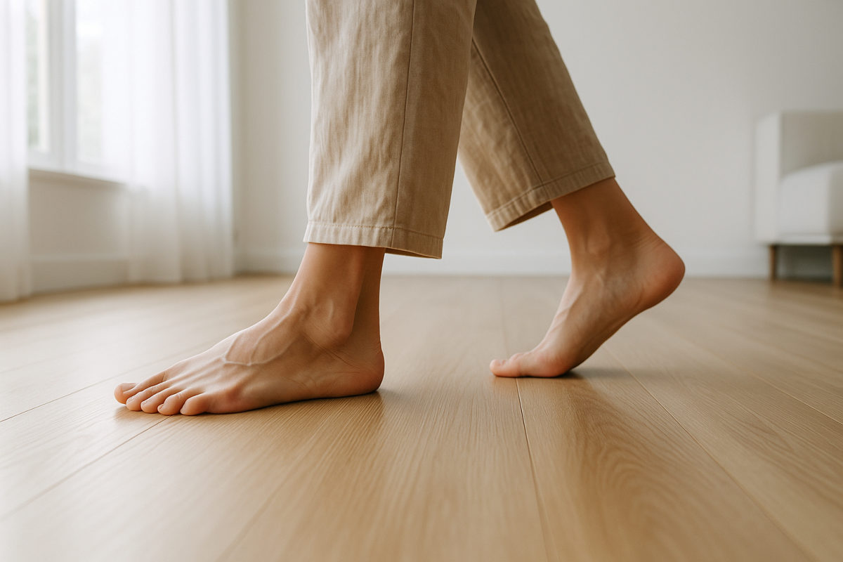 Person geht achtsam und barfuß langsam über einen Holzboden bei der Gehmeditation
