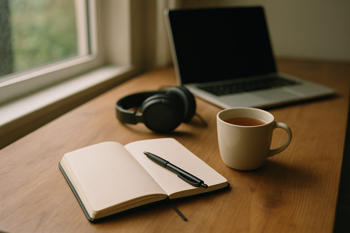 Schreibtisch mit Notizbuch, Stift, Tee und Kopfhörern als Symbol für die flexible Online-Ausbildung zum Mentaltrainer