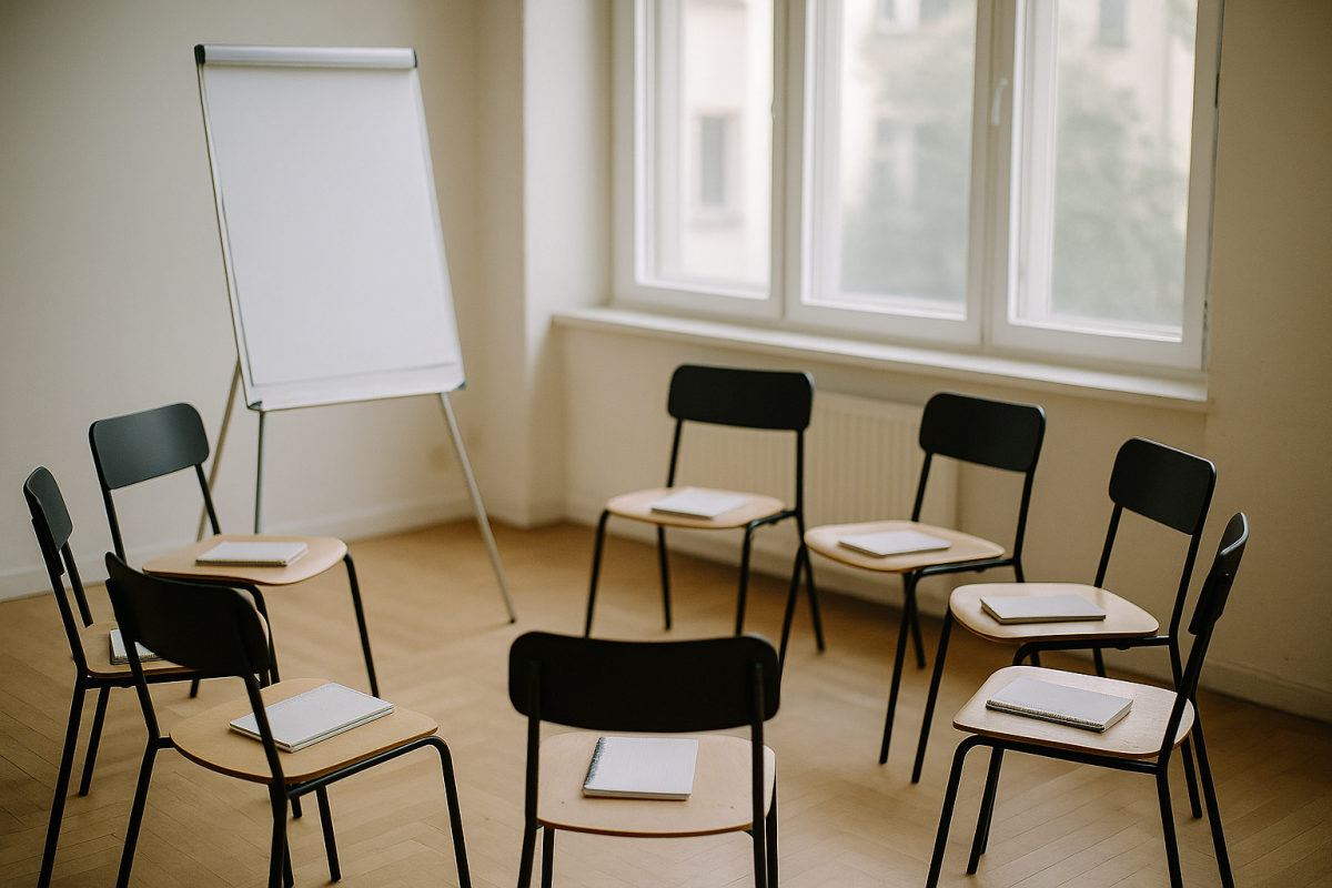 Heller moderner Seminarraum mit Flipchart und Stühlen für eine Mentaltrainer-Ausbildung