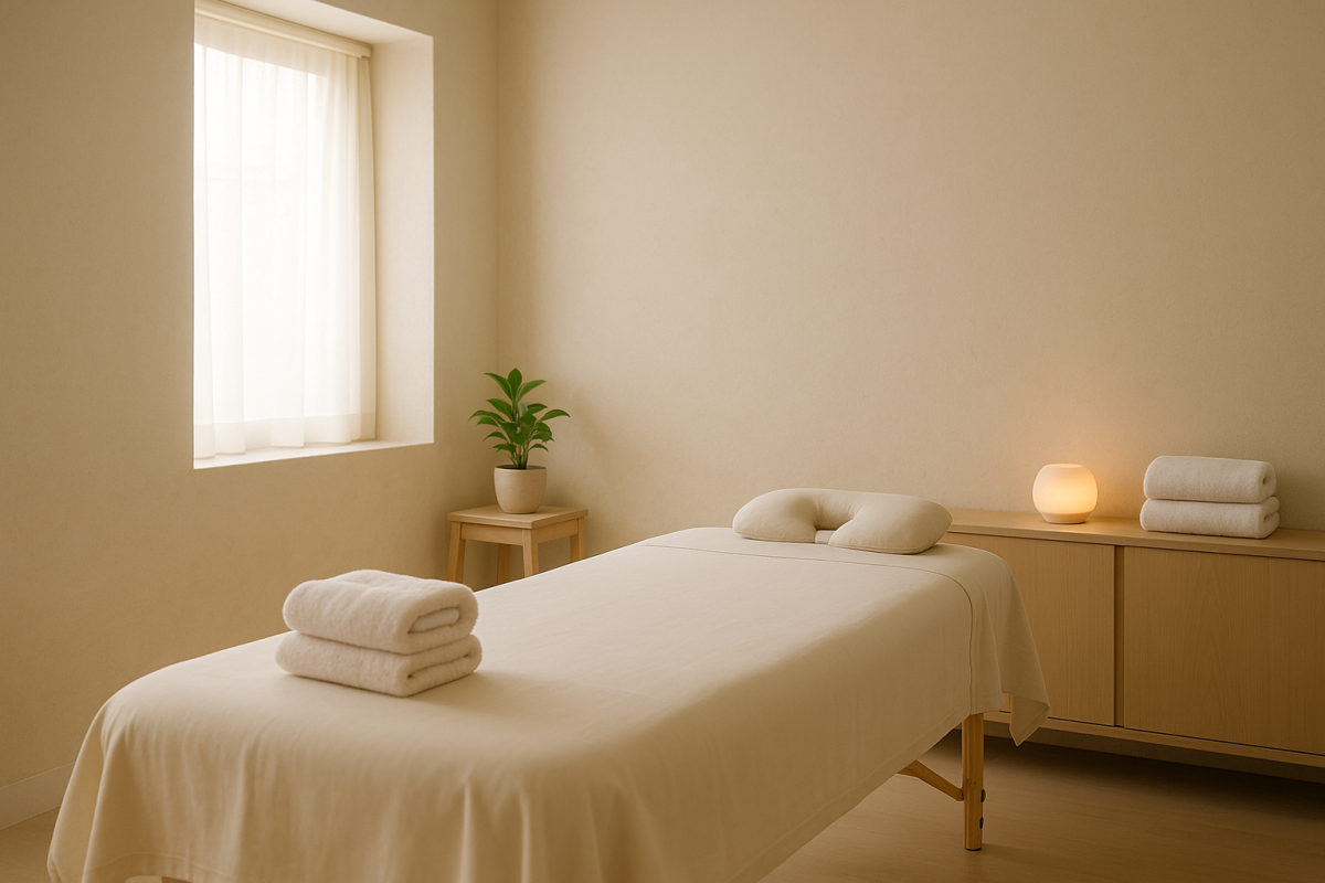 Ruhiger Wellnessraum mit Massageliege und gefalteten Handtüchern in warmem Licht