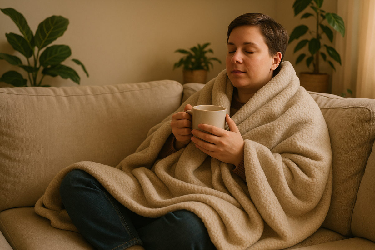 Bekleidete Person entspannt in eine Decke gehüllt auf dem Sofa mit einer Tasse Tee