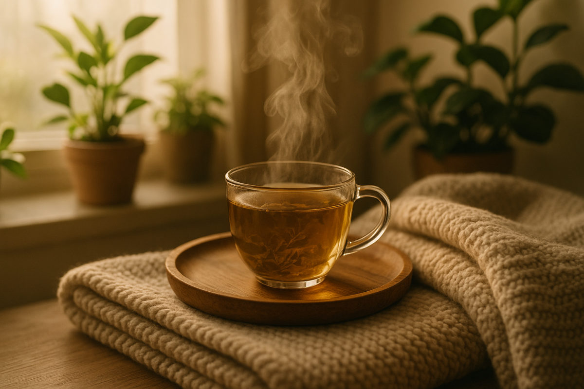 Dampfende Kräutertee-Tasse auf Holztablett mit weicher Decke und Pflanzen in warmem Licht – Sinnbild für Ruhe und Wohlbefinden
