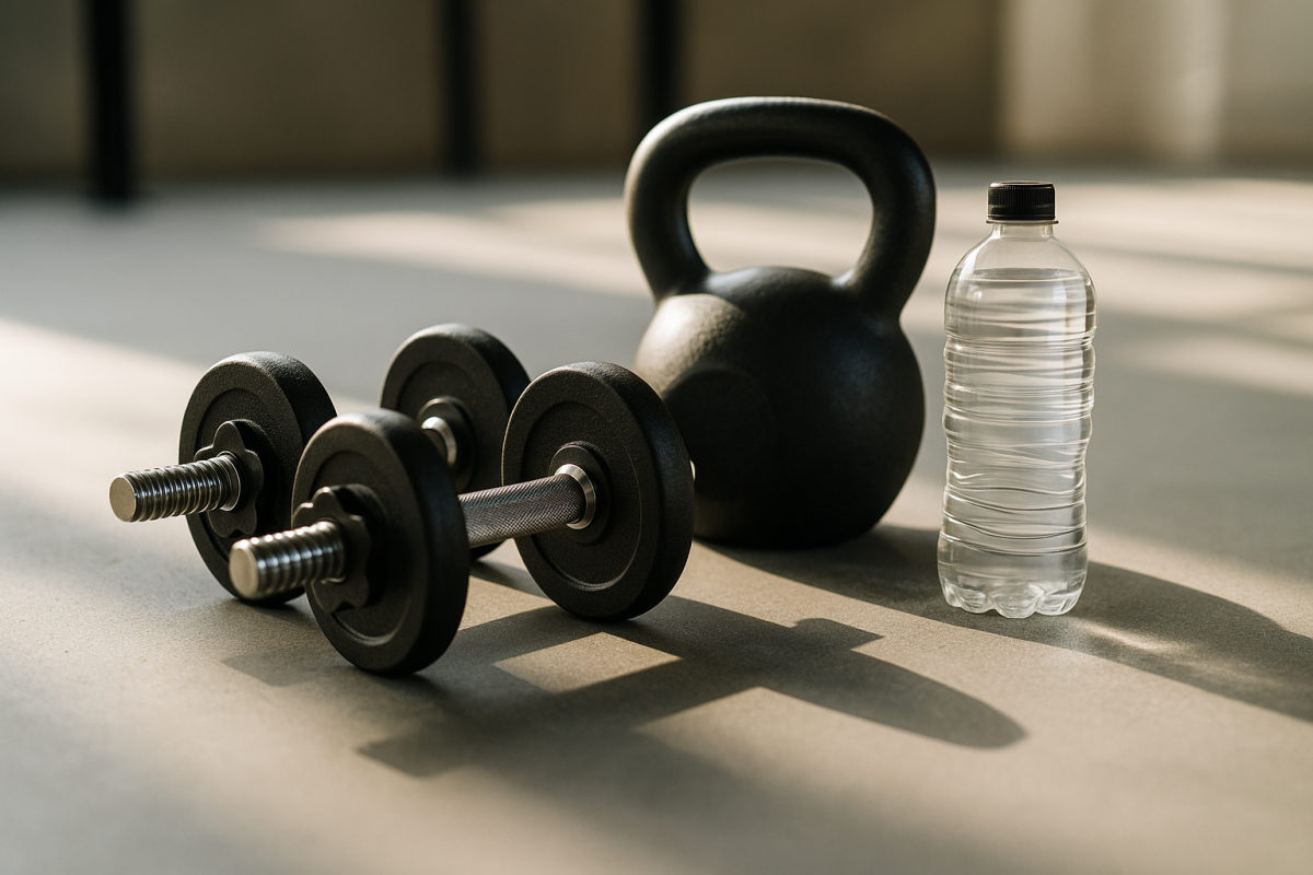 Kurzhanteln, eine Kettlebell und eine Wasserflasche auf dem Boden eines hellen Fitnessstudios