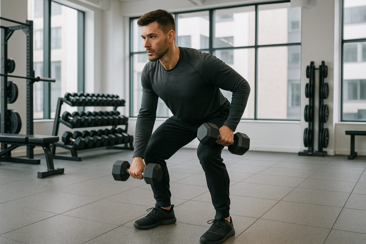 Sportlich gekleidete Person führt in hellem Studio eine kontrollierte Kurzhantelübung aus