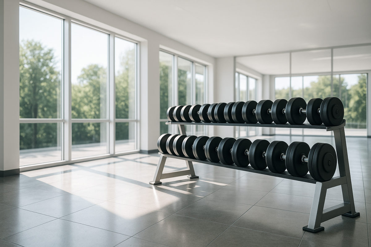 Helles modernes Fitnessstudio mit Kurzhanteln auf einem Hantelständer