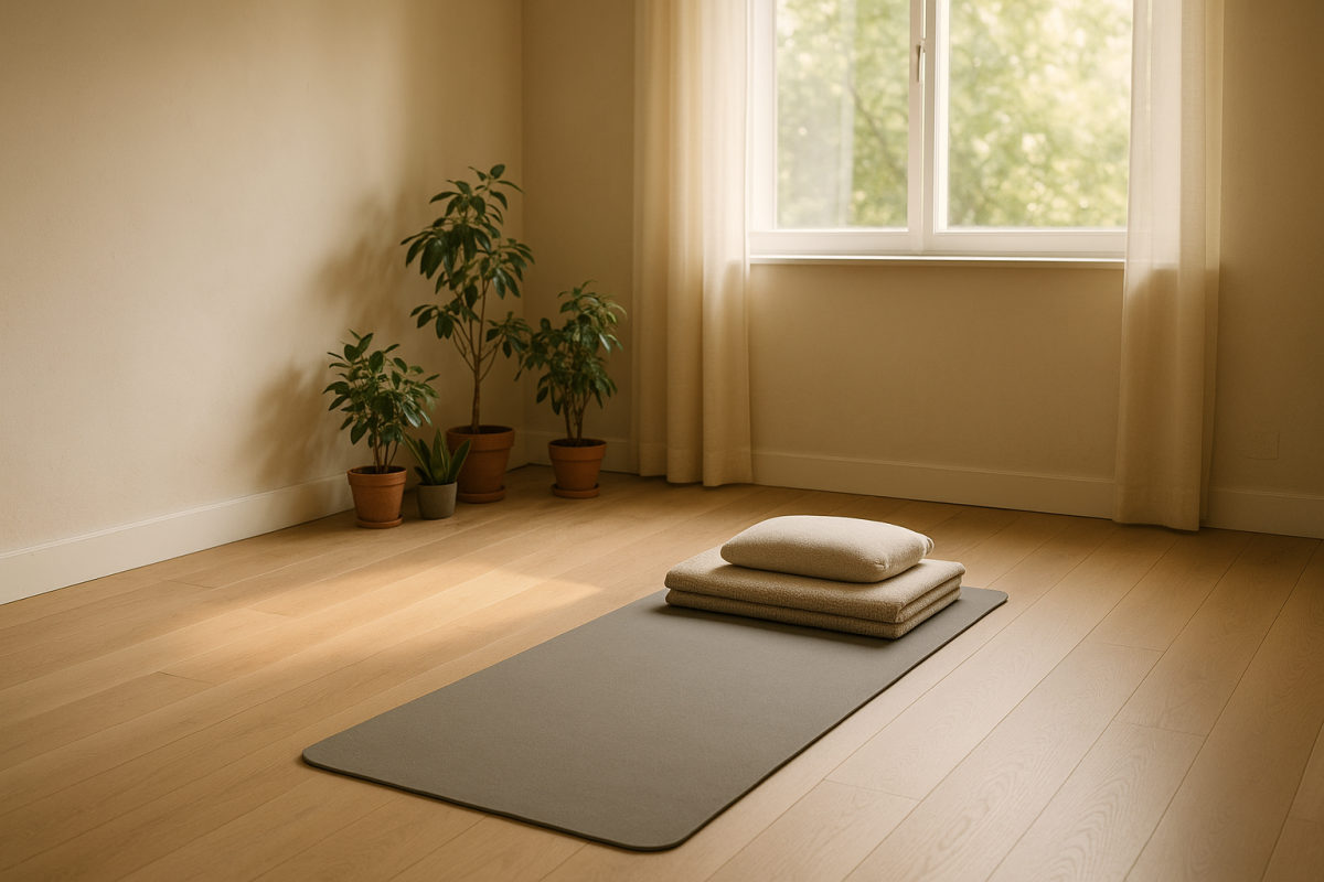Ruhiger, warm beleuchteter Raum mit Yogamatte, Decke und Kissen, vorbereitet für eine Entspannungsübung