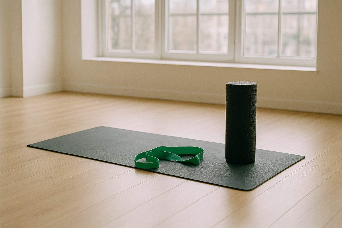 Heller Trainingsraum mit Gymnastikmatte, Faszienrolle und Widerstandsband auf hellem Holzboden