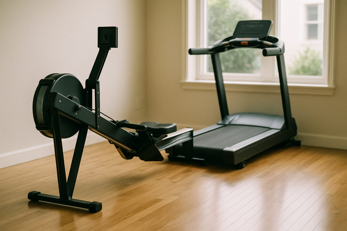 Rudermaschine und Laufband nebeneinander in einem hellen Heim-Fitnessraum
