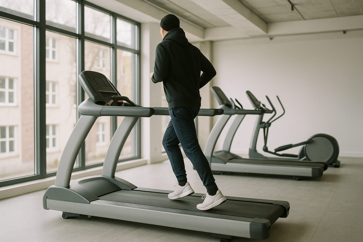 Person in Sportkleidung trainiert auf einem Laufband in einem hellen Fitnessstudio