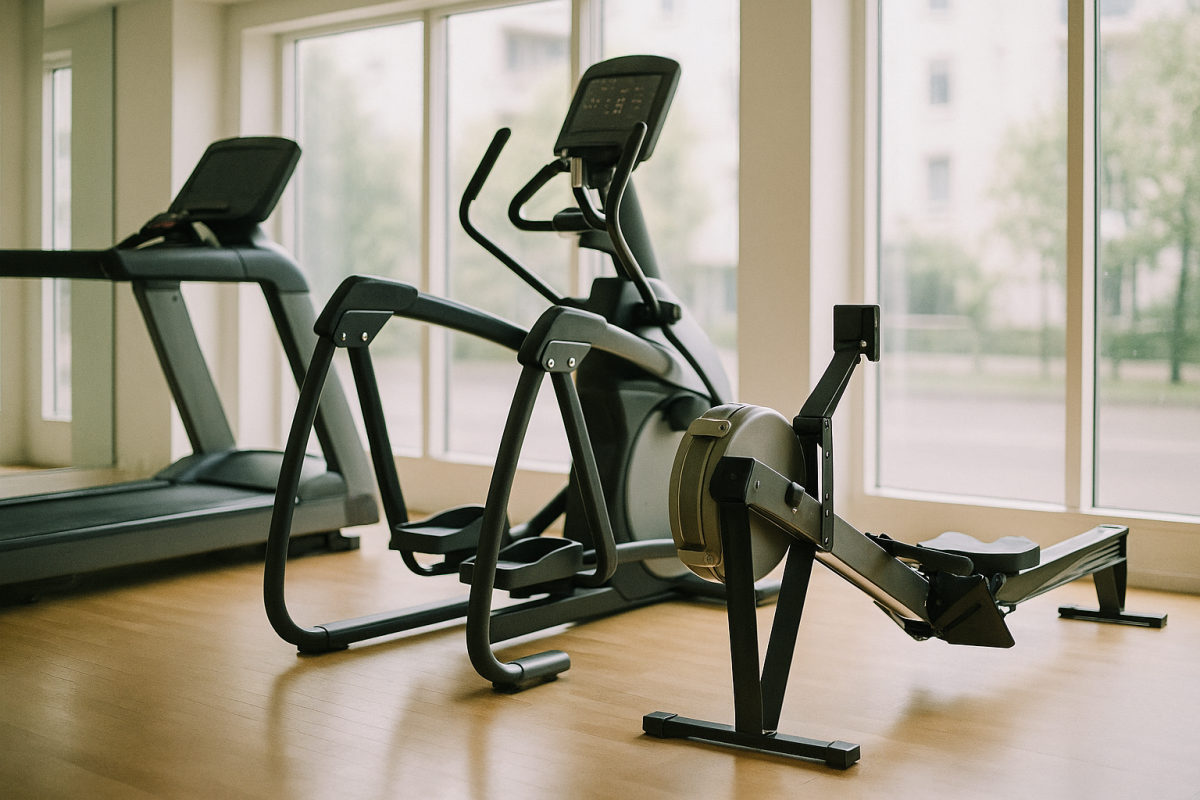 Helles Fitnessstudio mit Laufband, Stepper und Rudermaschine nebeneinander