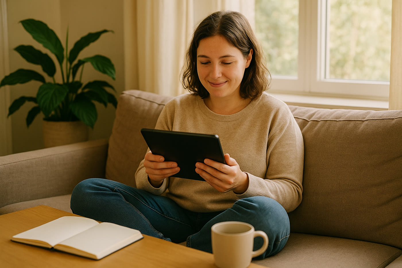 Frau beantwortet auf dem Sofa am Tablet einen kurzen Fragebogen