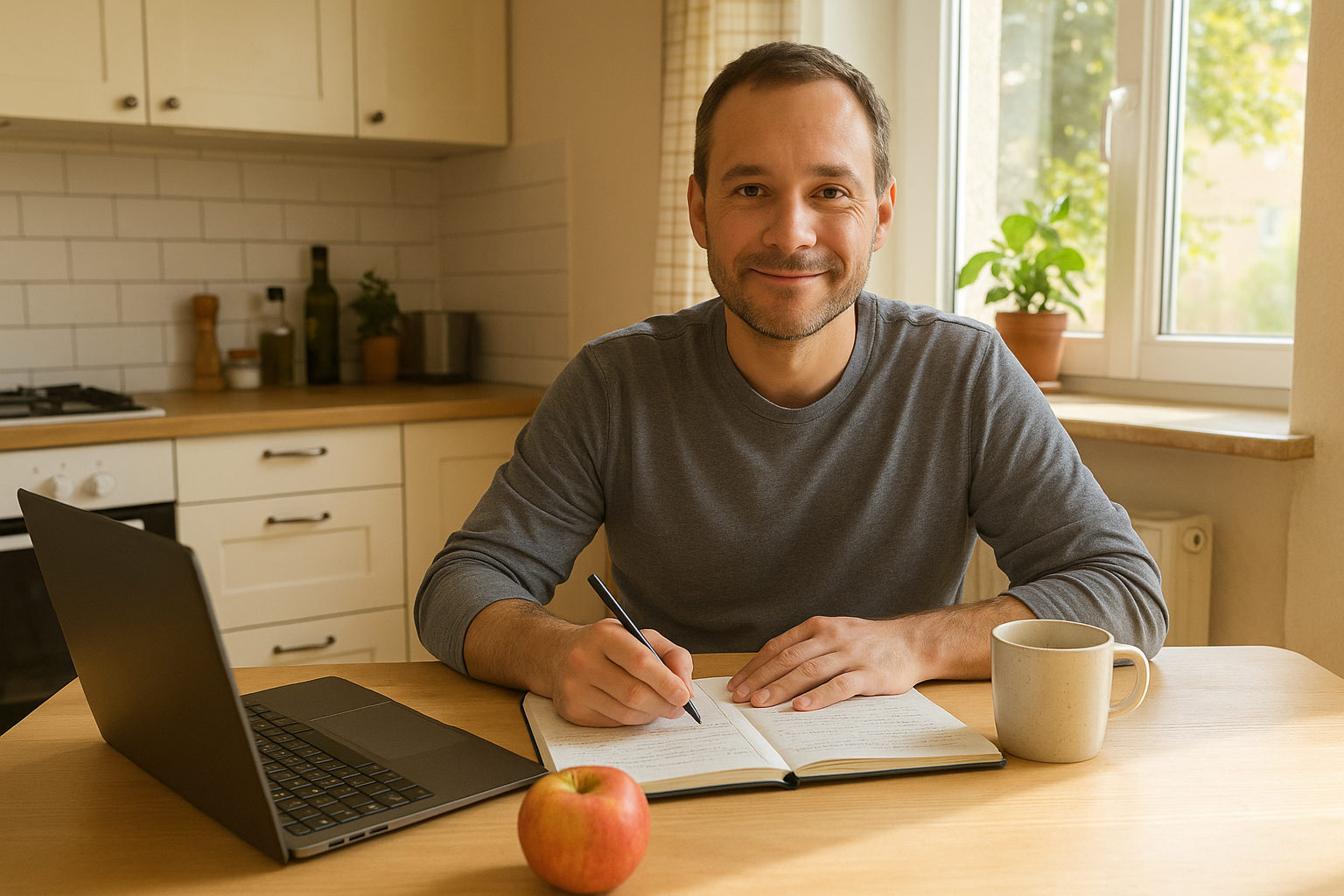 Mann lernt abends am Küchentisch mit Laptop und Notizbuch für die Ernährungsberater-Ausbildung