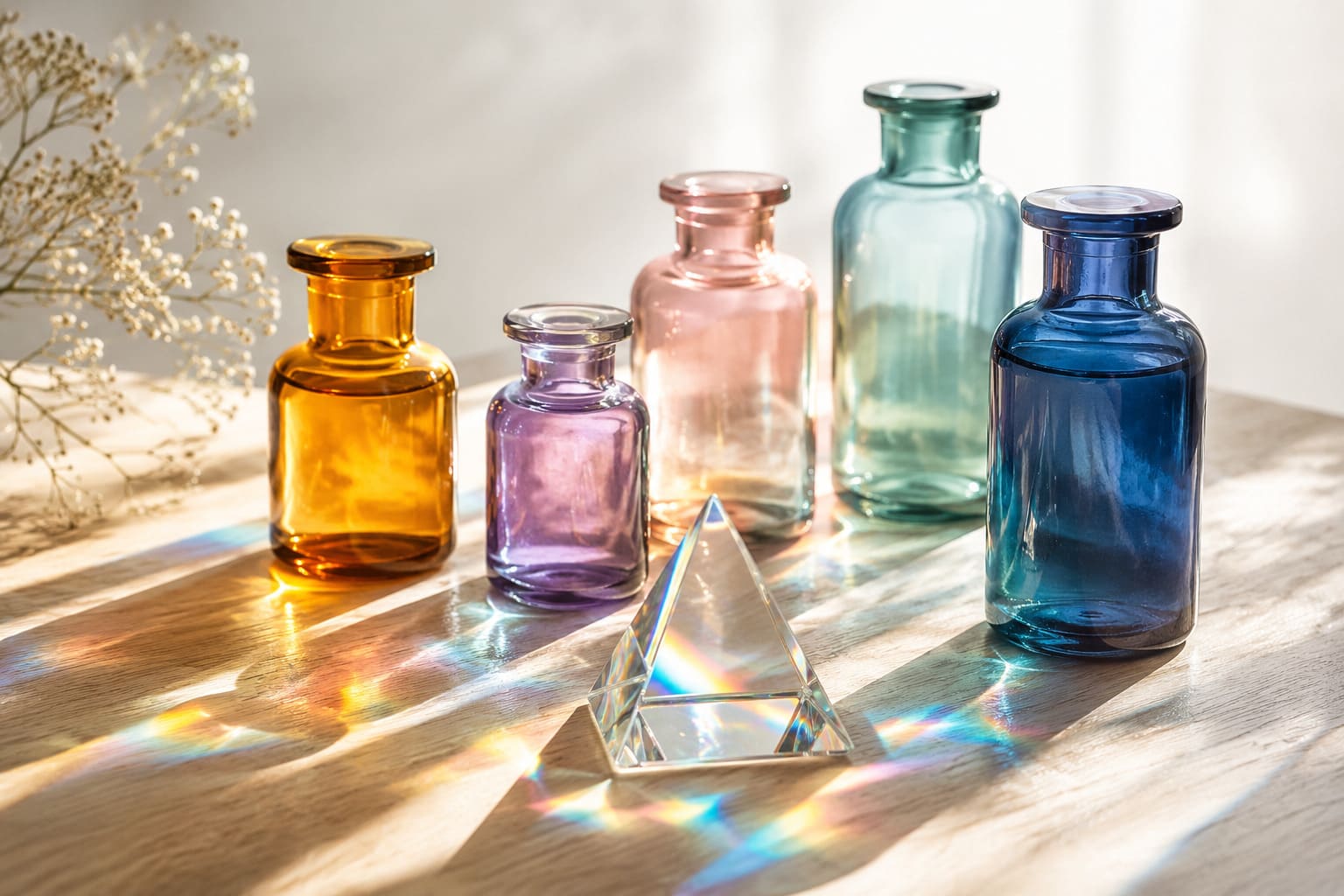 Farbige Glasflaschen und ein Prisma mit Lichtreflexen