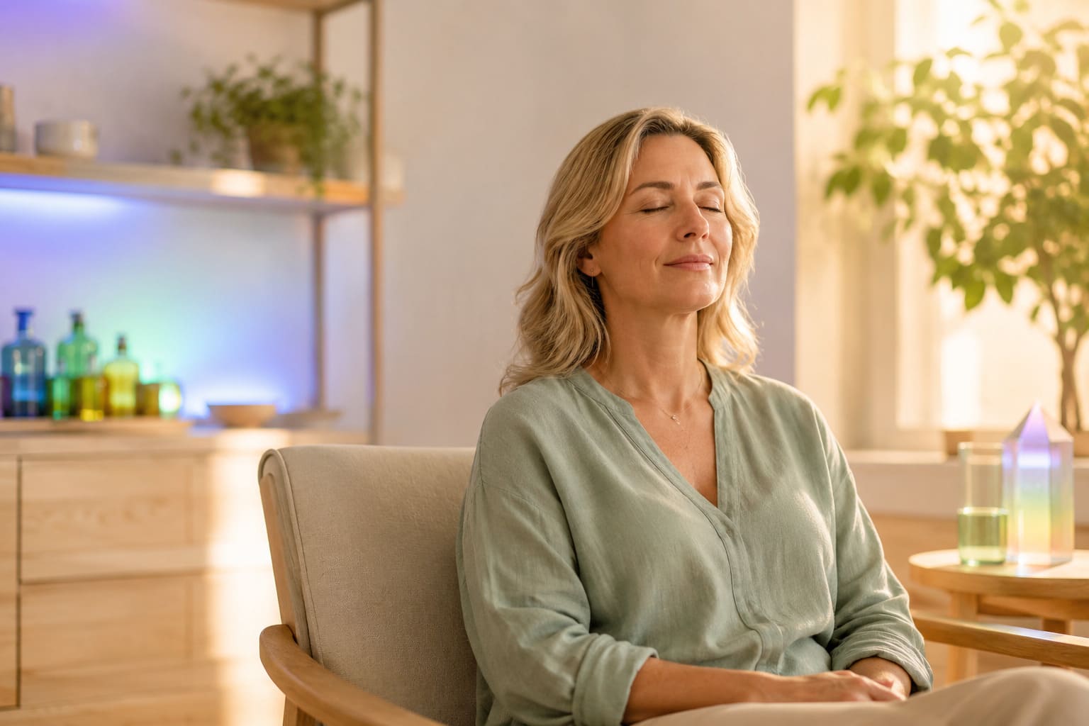 Entspannte Person in sanftem farbigem Licht in einem hellen Wellnessraum